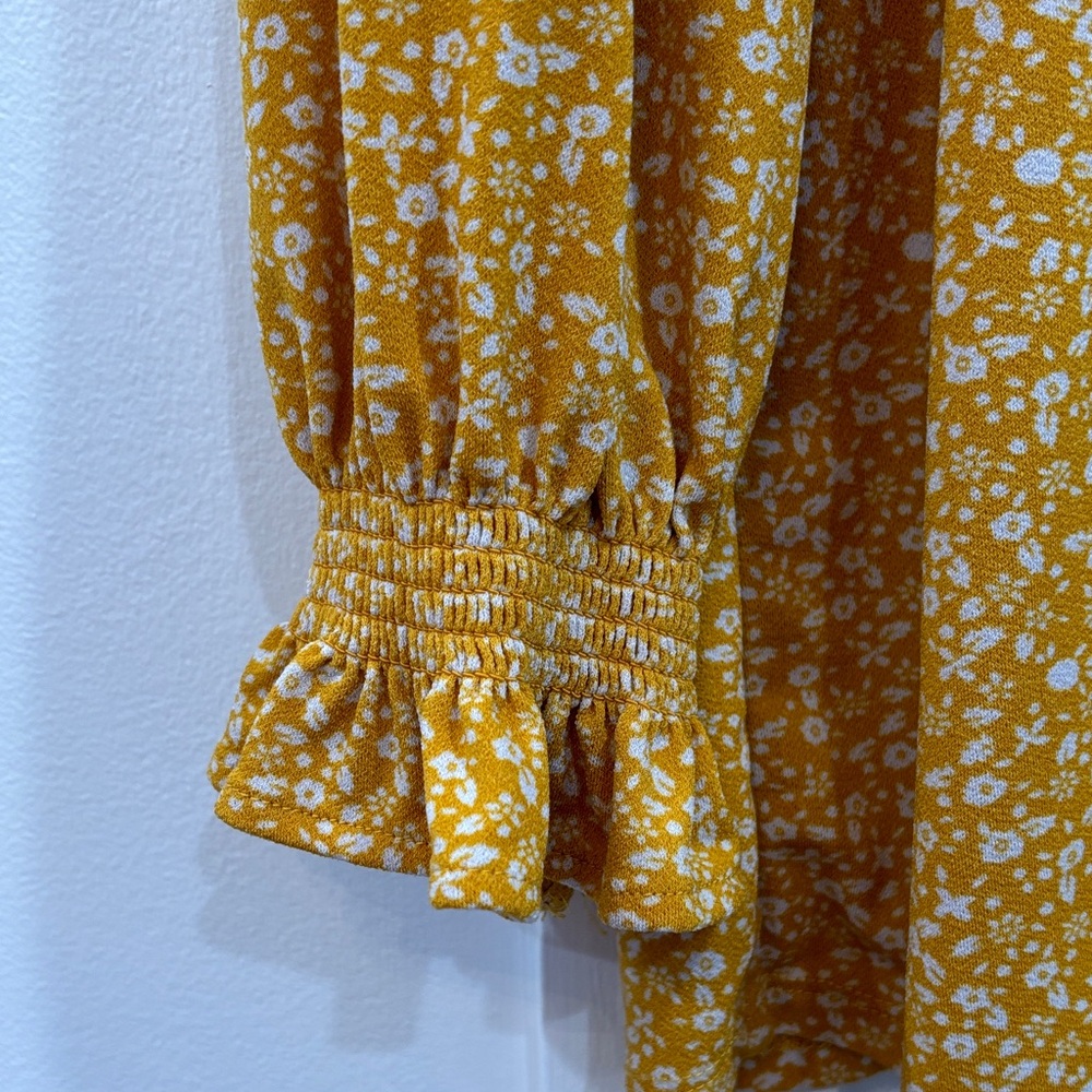 Adrianna Papell Mustard Yellow Floral Ruffle-Trim V-Neck Blouse - Picture 3 of 6